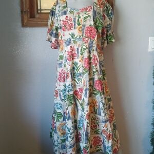 Handmade Floral Midi Dress, Womens L XL, Natural Prairie Cottage 90s Retro